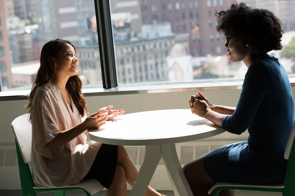 Two professionals discussing work across an office table